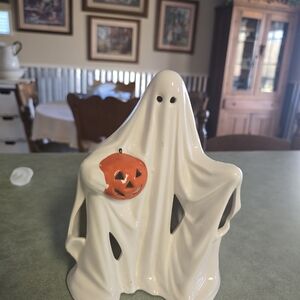 Vintage Ceramic Ghost Figurine with Pumpkin
